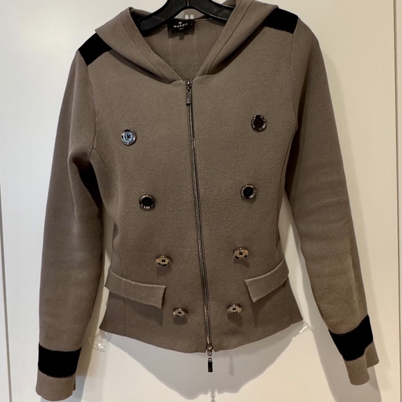 EUROPEAN-DESIGNED TAUPE-GRAY & BLACK HOODIE/CARDIGAN—Size 4 - Picture 3 of 12